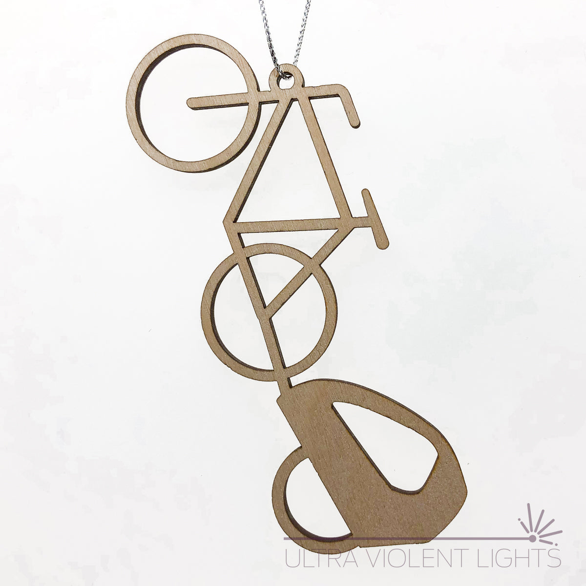 Wooden trailer bicycle ornament on white