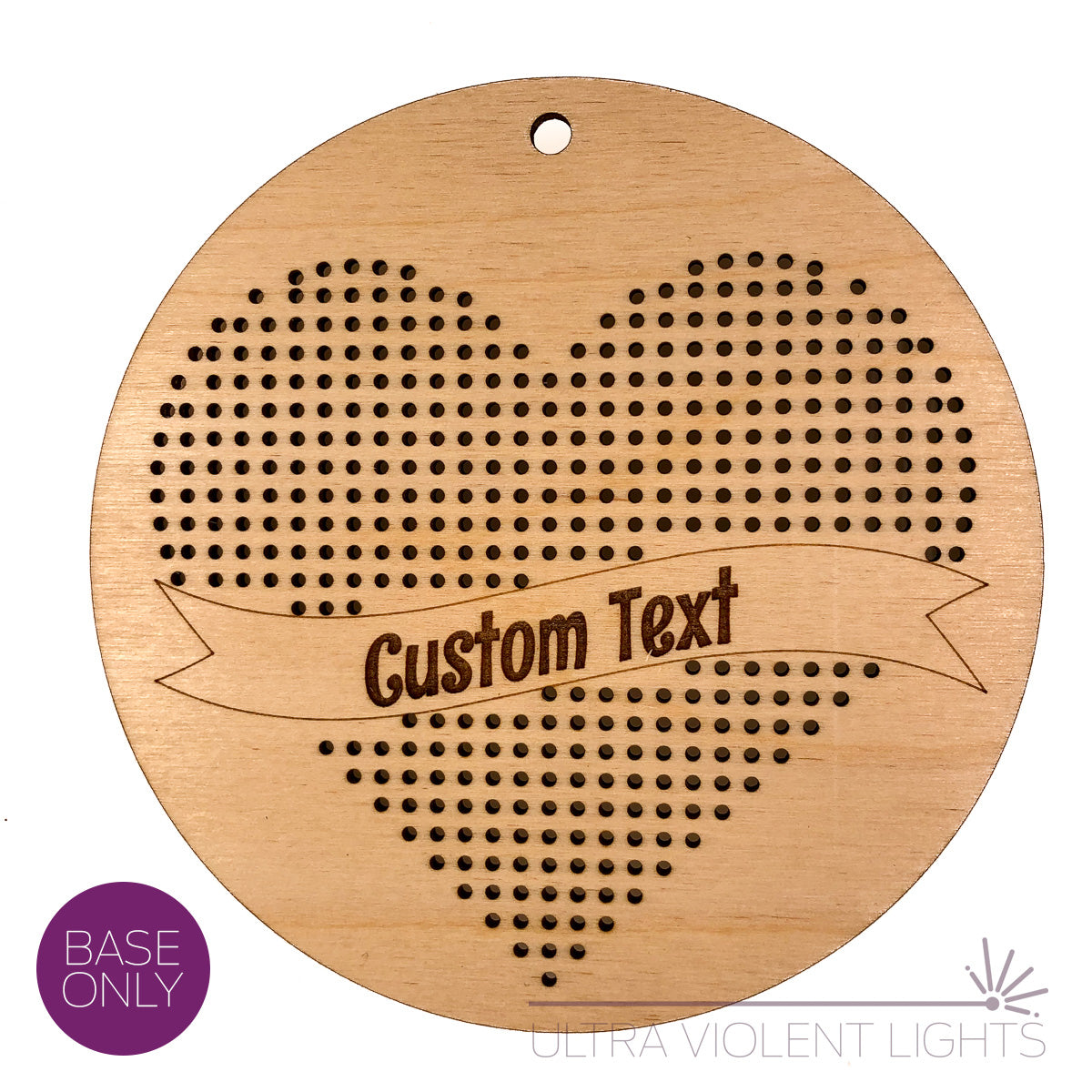 A heart embroidery kit that's unfinished, reading "Custom Text."