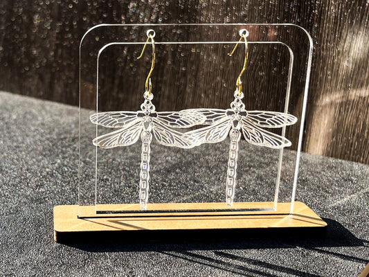 Laser-cut acrylic dragonfly dangle earrings, handmade iridescent statement earrings