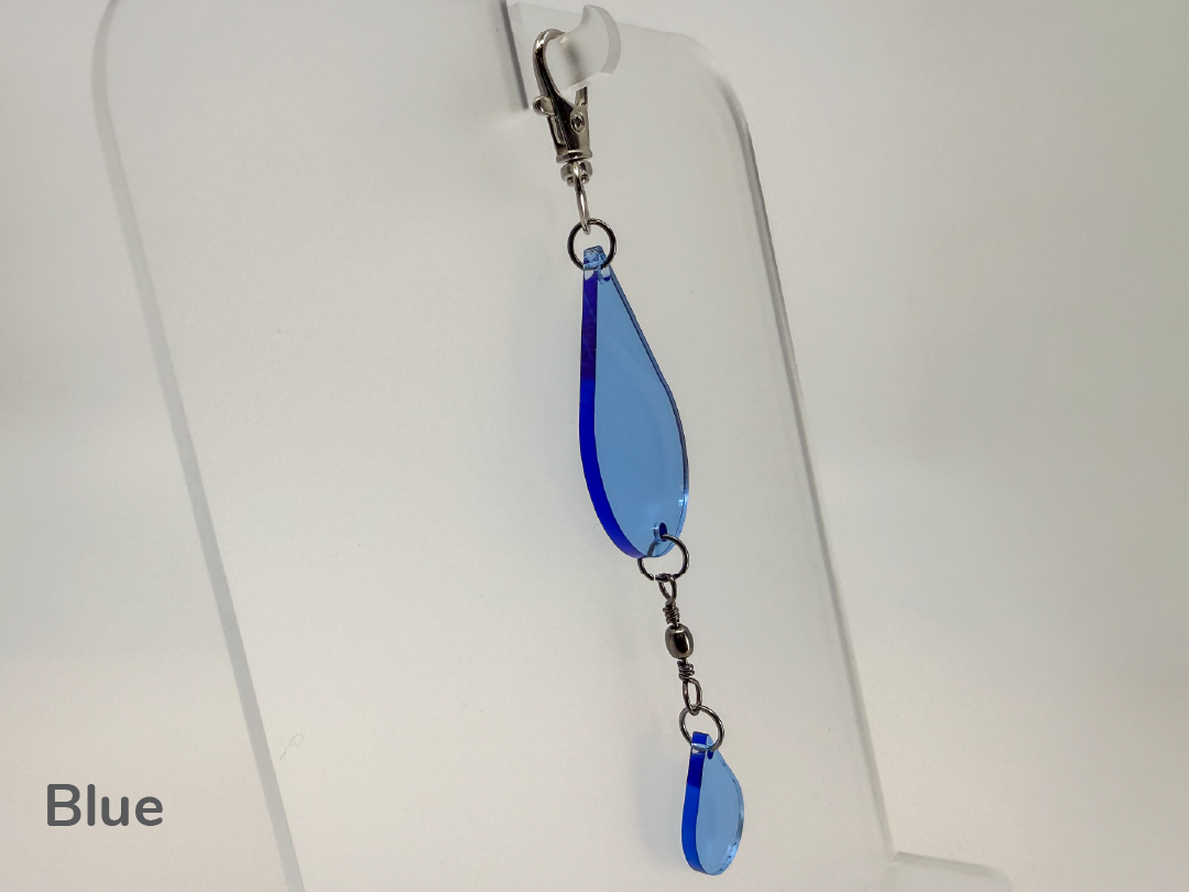 Blue teardrop-shaped small sun catcher / keychain on a white background