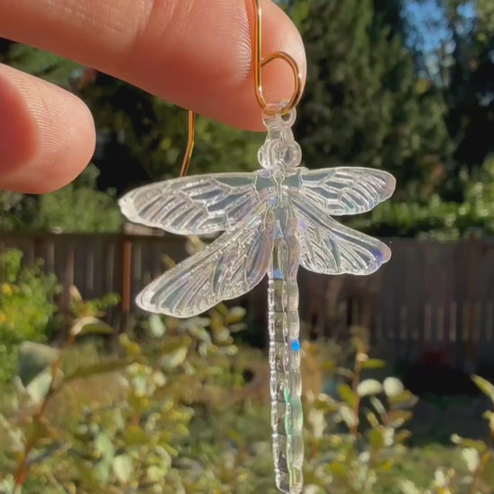 A hand holds a dangling dragonfly earring in the sunlight, in front of plants. The sunlight shows off holographic details on the dragonfly.